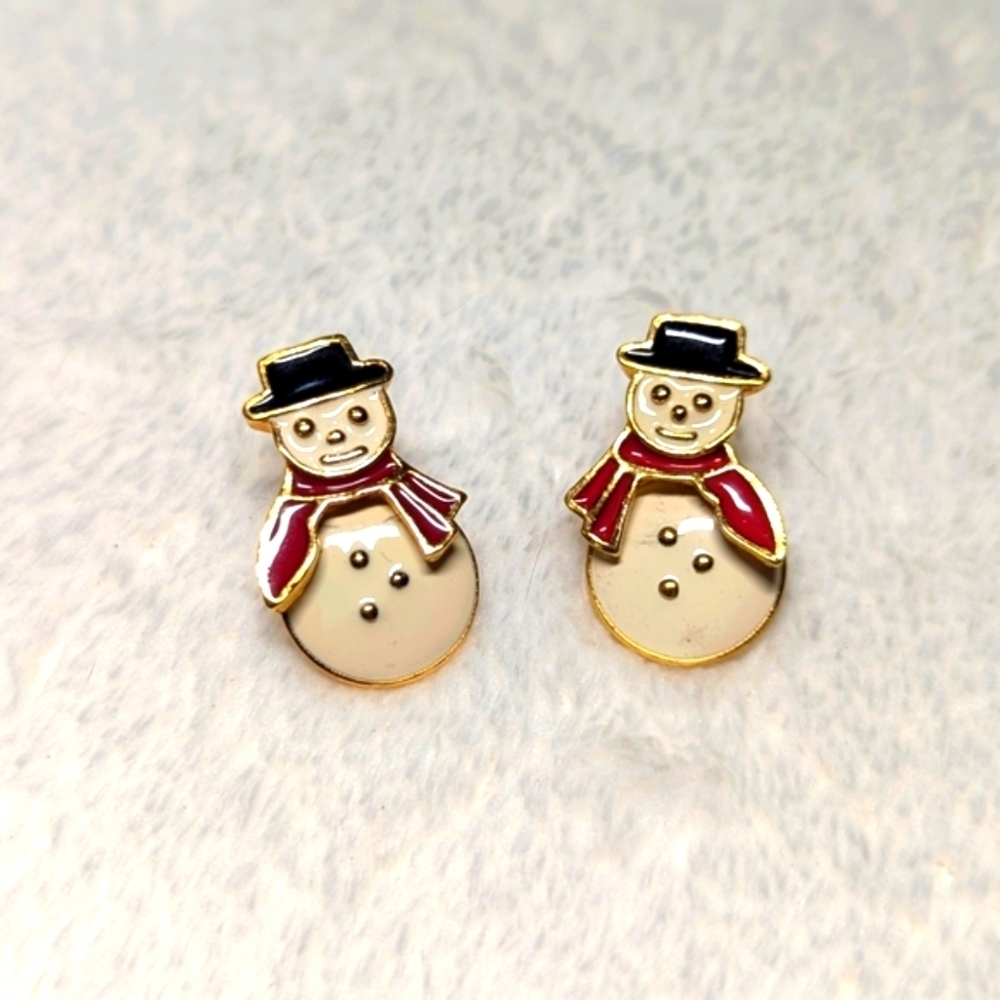 Vintage Enameled Snowman Pierced Earrings